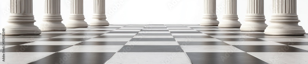 Poster A checkerboard floor with columns, creating a surreal and dramatic perspective.