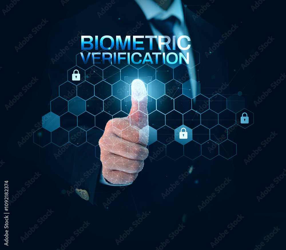 Poster biometric verification system background design with thumb touching the screen, futuristic tech back