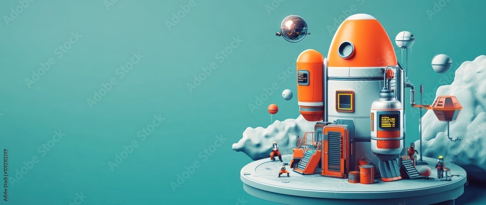 Poster a colorful rocket station amidst clouds and planets, representing space exploration.