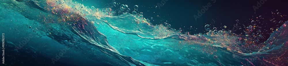 Poster A vibrant depiction of ocean waves with sparkling water droplets and dynamic movement.