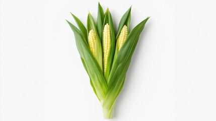 Fresh corn with bright yellow kernels surrounded by green leaves, showcasing its natural beauty and freshness. Perfect for culinary use or decoration