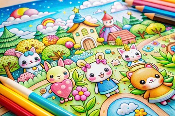 Obraz premium Charming Hand Drawn Kawaii Coloring Book Illustration with Tilt-Shift Photography Effect, Perfect for Fun and Playful Creative Projects and Relaxation Activities