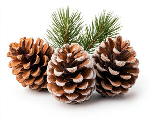 Fototapeta premium Pine cones with snow dust and green pine branches, white isolate background.