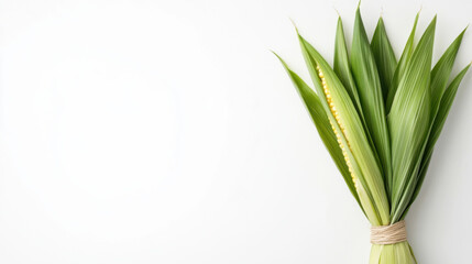 Obraz premium Fresh corn cob with golden yellow kernels wrapped in green leaves, showcasing its organic beauty and vibrant colors. Perfect for culinary use or decoration