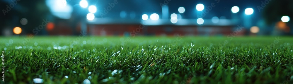 Poster a close-up view of a grassy field illuminated by lights, suggesting a sports setting.