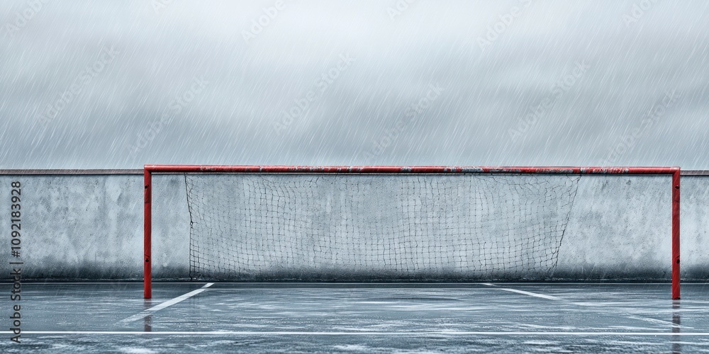 Aufkleber a red soccer goal stands on a wet surface under a cloudy sky.