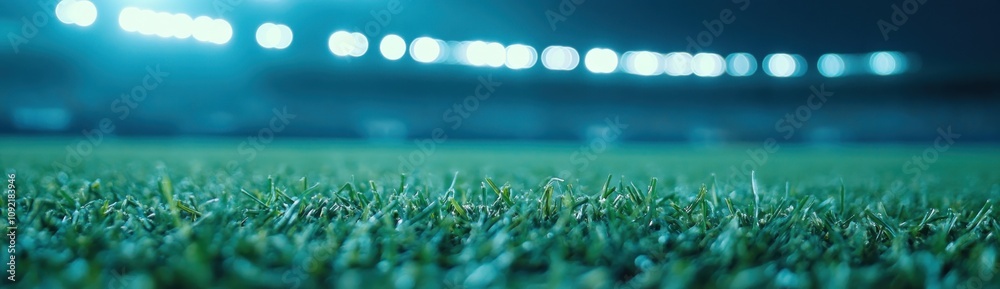 Aufkleber close-up view of grass on a sports field illuminated by stadium lights.