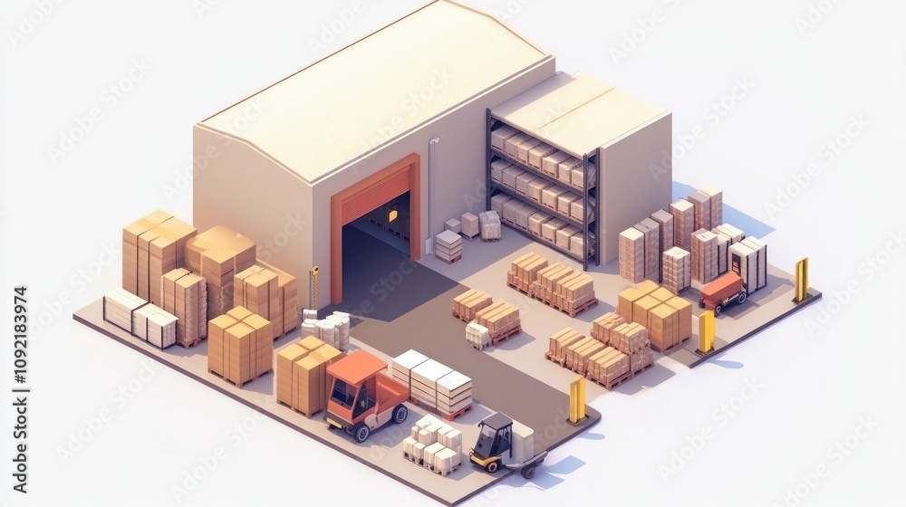 Poster A 3D rendering of a warehouse with storage and loading areas.
