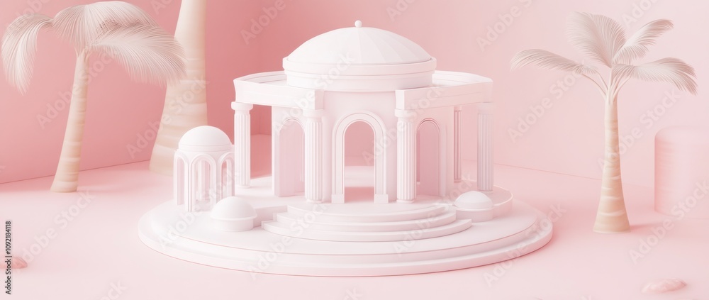 Poster A stylized, pink architectural structure surrounded by palm trees in a serene environment.
