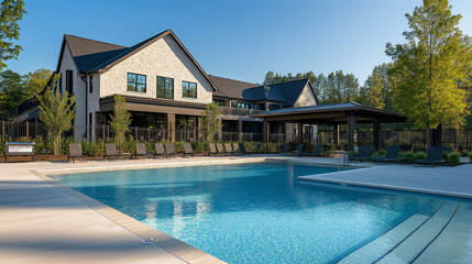 Fototapeta premium Elegant community clubhouse with outdoor pool and gardens - Bright sun on modern architecture, large poolside and green landscape