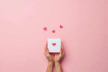 Valentine's Day composition. Female hand holding card with heart symbol on pale pink background. Flat lay, top view Love concept.