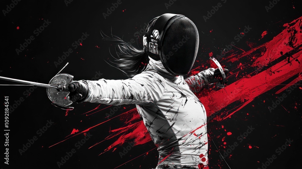 Poster a dynamic fencer in action, showcasing athleticism with a dramatic splash of red.