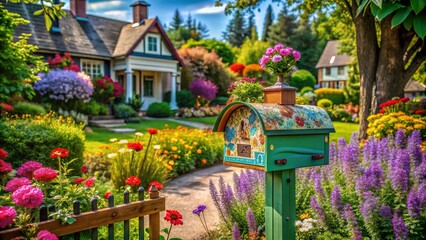 Charming Painted Mailbox Surrounded by Lush Greenery and Colorful Flowers in a Cozy Neighborhood Setting, Perfect for Architectural Photography Enthusiasts and Home Decor Inspiration