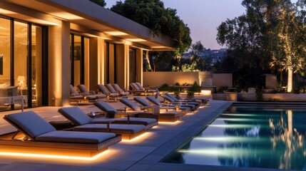 Poolside seating arrangement with sleek loungers, minimalist tables, and soft ambient lighting