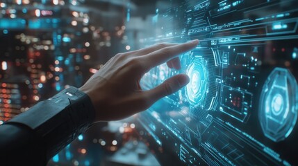 Hand touching modern interface digital transformation and metaverse concept. Connection next generation technology and new era of innovation.