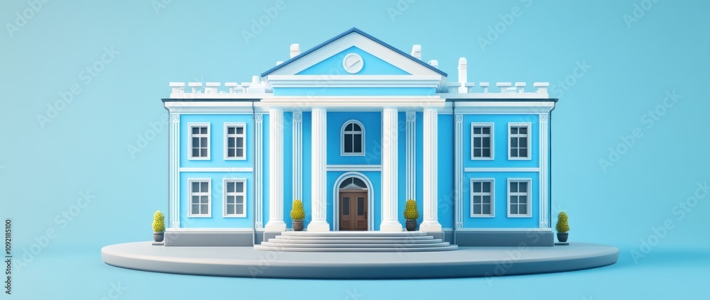 Poster a stylized blue classical building with columns and a clock, set against a light blue background.