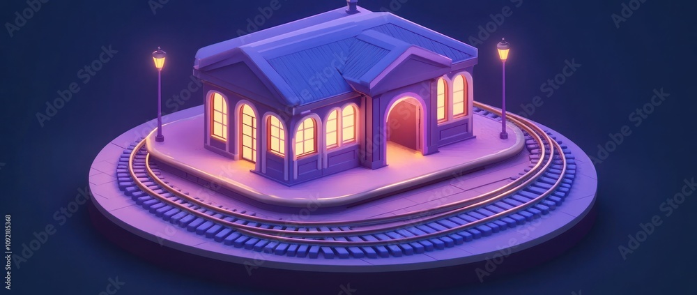 Poster a stylized train station model with glowing windows and surrounding tracks.