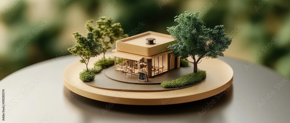 Poster a miniature model of a modern café surrounded by greenery on a circular base.