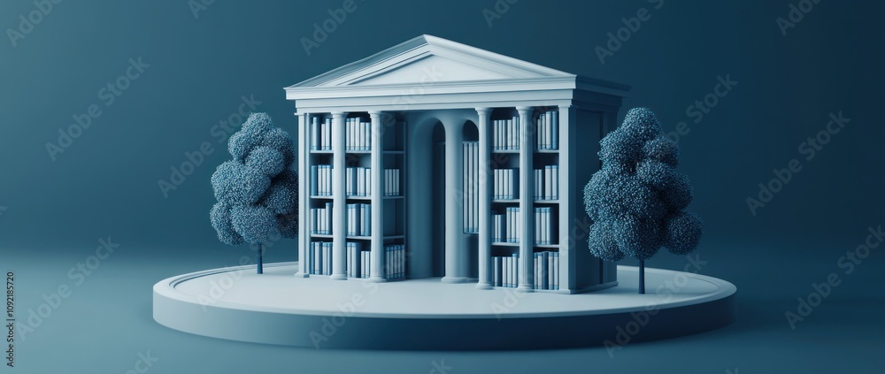 Aufkleber a stylized library structure with bookshelves and trees in a serene blue environment.
