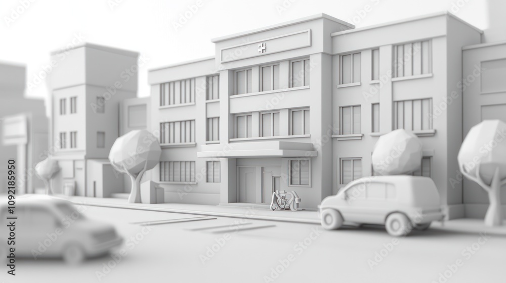 Poster a minimalist 3d rendering of a city street with a building and vehicles.