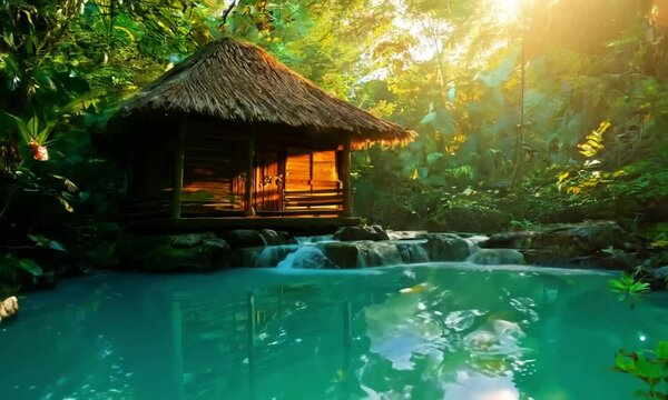 A cozy, wooden hut in the middle of a lush, green jungle, surrounded by tall trees and vibrant flowers