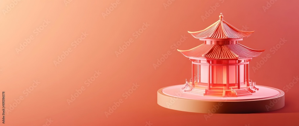 Poster a stylized pink pagoda model with a gradient background, representing cultural architecture.
