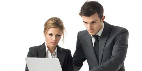 Obraz premium a businessman and businesswoman reviewing content on a laptop, portraying focus, professionalism, and teamwork. It is perfect for corporate marketing and business presentations.