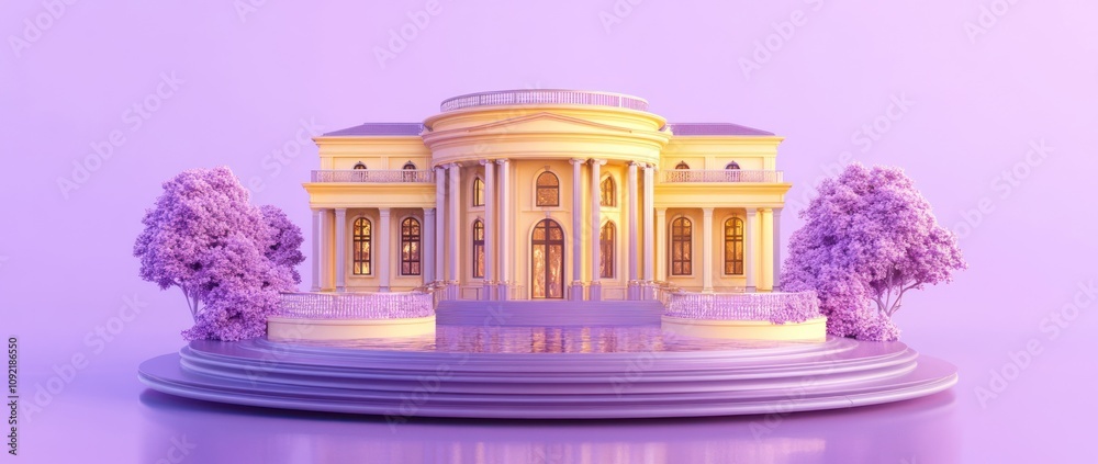 Aufkleber A stylized architectural model of a grand building surrounded by trees and a reflective surface.