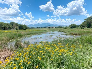 Fototapeta premium Scenic wetland with vibrant yellow flowers and distant mountains under clouds.