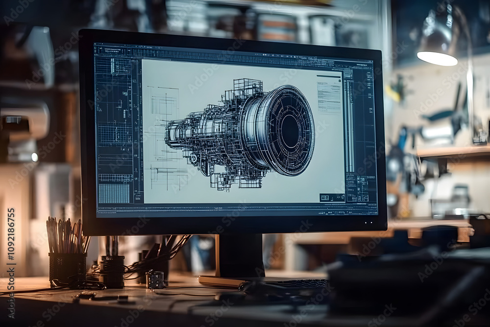 Poster close up of engineer s computer displaying intricate 3d mechanical design and blueprints