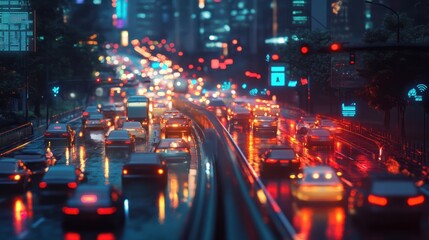 Internet of Things and Smart city concept. Smart things icons mesh on city traffic at twilight background.