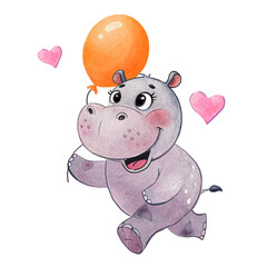 Cute hand drawn hippo illustration with heart. Cartoon hippo transparent background. Pro PNG transparent background. Cute baby character for print DTF T-Shirt, postcard and invitation