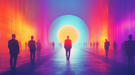 Fototapeta premium abstract human silhouette of diverse business people standing visualization vibrant color coding dynamic infographic style, data driven market segmentation