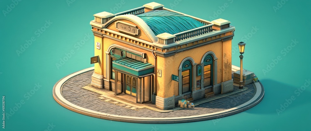 Poster a stylized building resembling a train station or transit hub with a vibrant design.