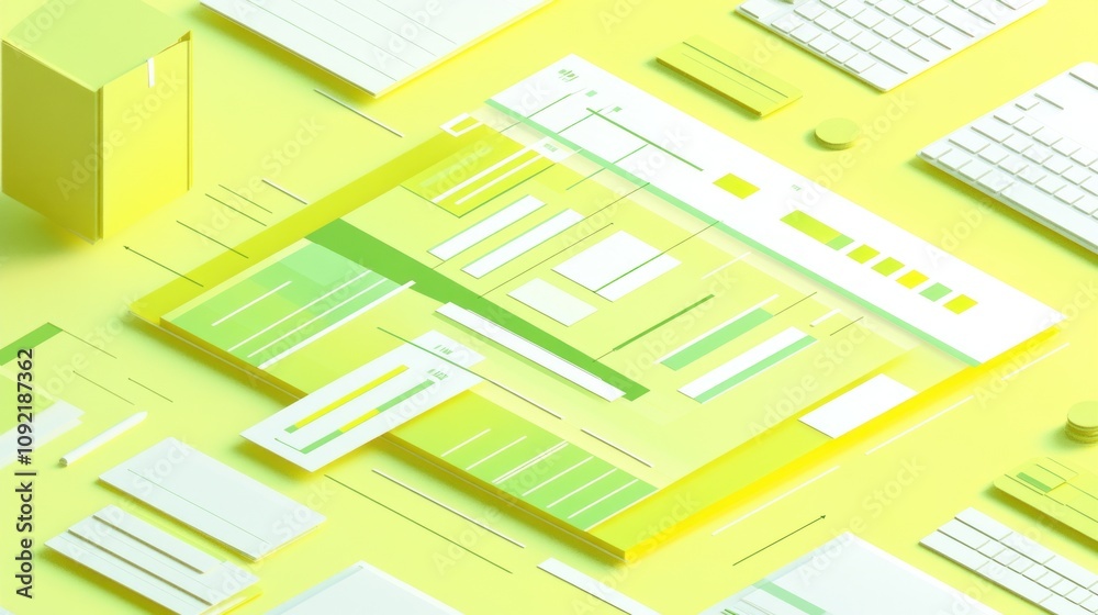 Aufkleber A vibrant, minimalistic layout design featuring web elements on a bright yellow background.