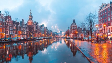 Serene Amsterdam canal scene at dusk with reflections and historic buildings.
