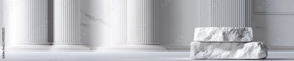 Poster a minimalist interior featuring white columns and stone blocks, emphasizing elegance and simplicity.