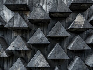 Charcoal gray wooden  stacked in a modern design, low-angle view.