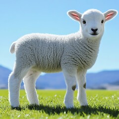 Obraz premium Adorable lamb standing in a green pasture under a bright blue sky.