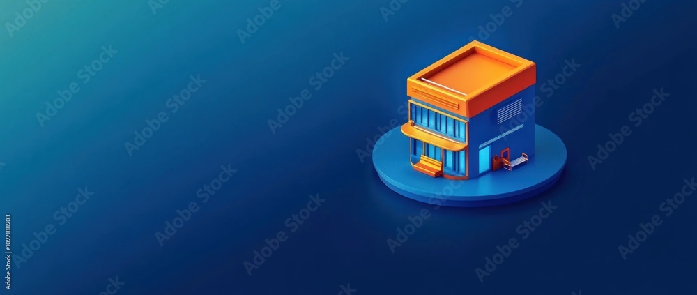 Fototapete A stylized 3D representation of a modern building on a circular base with a vibrant color scheme.