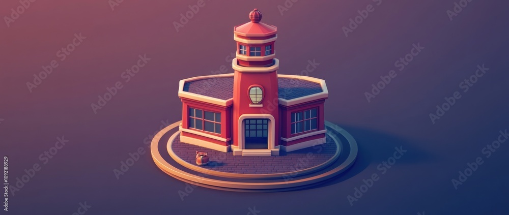 Poster a stylized building with a lighthouse-like tower, set on a circular platform.