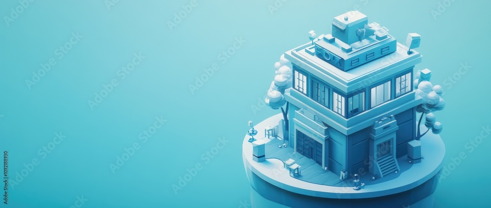 Aufkleber A stylized 3D building with trees and outdoor elements on a circular base.