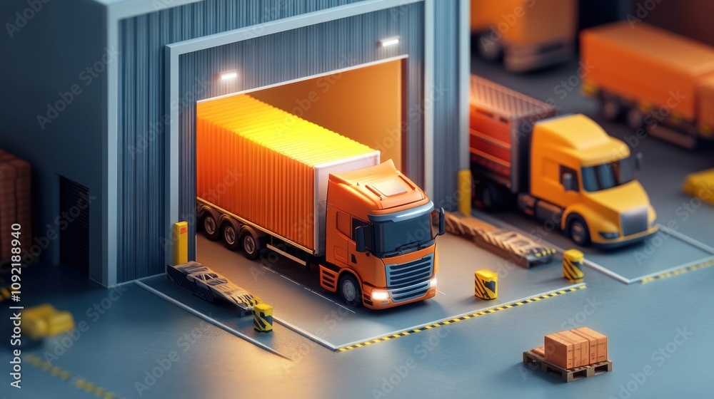 Poster A warehouse scene with trucks loading and unloading cargo.