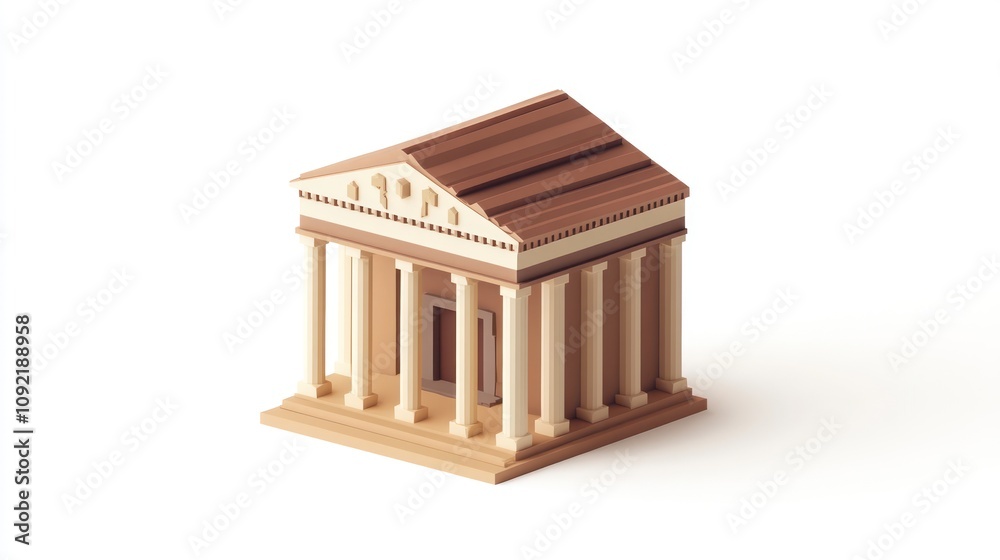 Poster A stylized wooden model of a classical building with columns and a triangular roof.