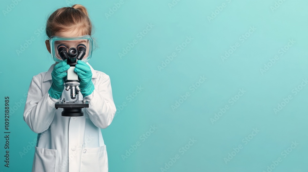 Poster a child in a lab coat examines a microscope, embodying curiosity and scientific exploration.