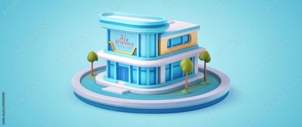 Poster a stylized modern building with large windows and trees, suggesting a welcoming space.