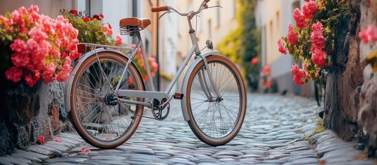 Fototapeta premium A vintage bicycle parked on a cobblestone street with pink flowers in bloom.