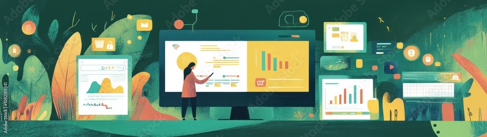 Poster A digital workspace showcasing data analysis and visualizations in a vibrant, nature-inspired setting.