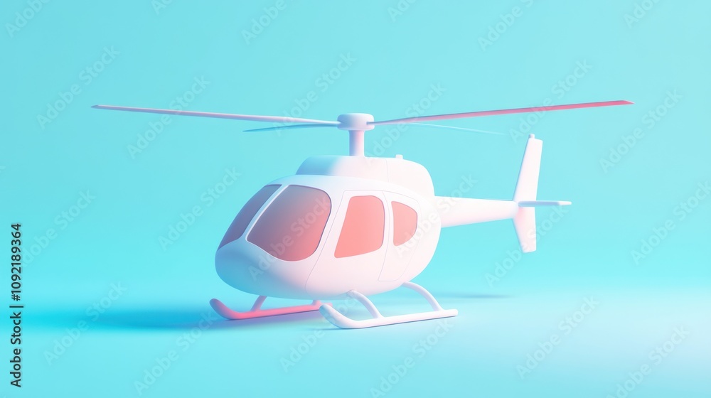 Poster a stylized white helicopter against a soft blue background, emphasizing design and simplicity.