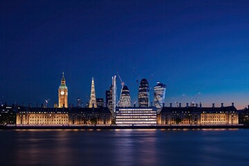 Fototapeta premium Breathtaking London Skyline at Sunset with Glowing Facades and Rich Blue Sky